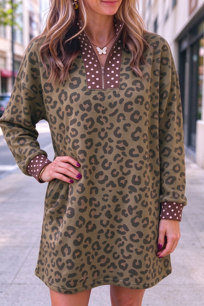 Women's Fall Leopard Dot Print V-Neck Loose Mini Dress
