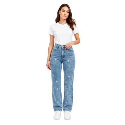 Women's Pink Heart Embroidered Straight Leg Jeans