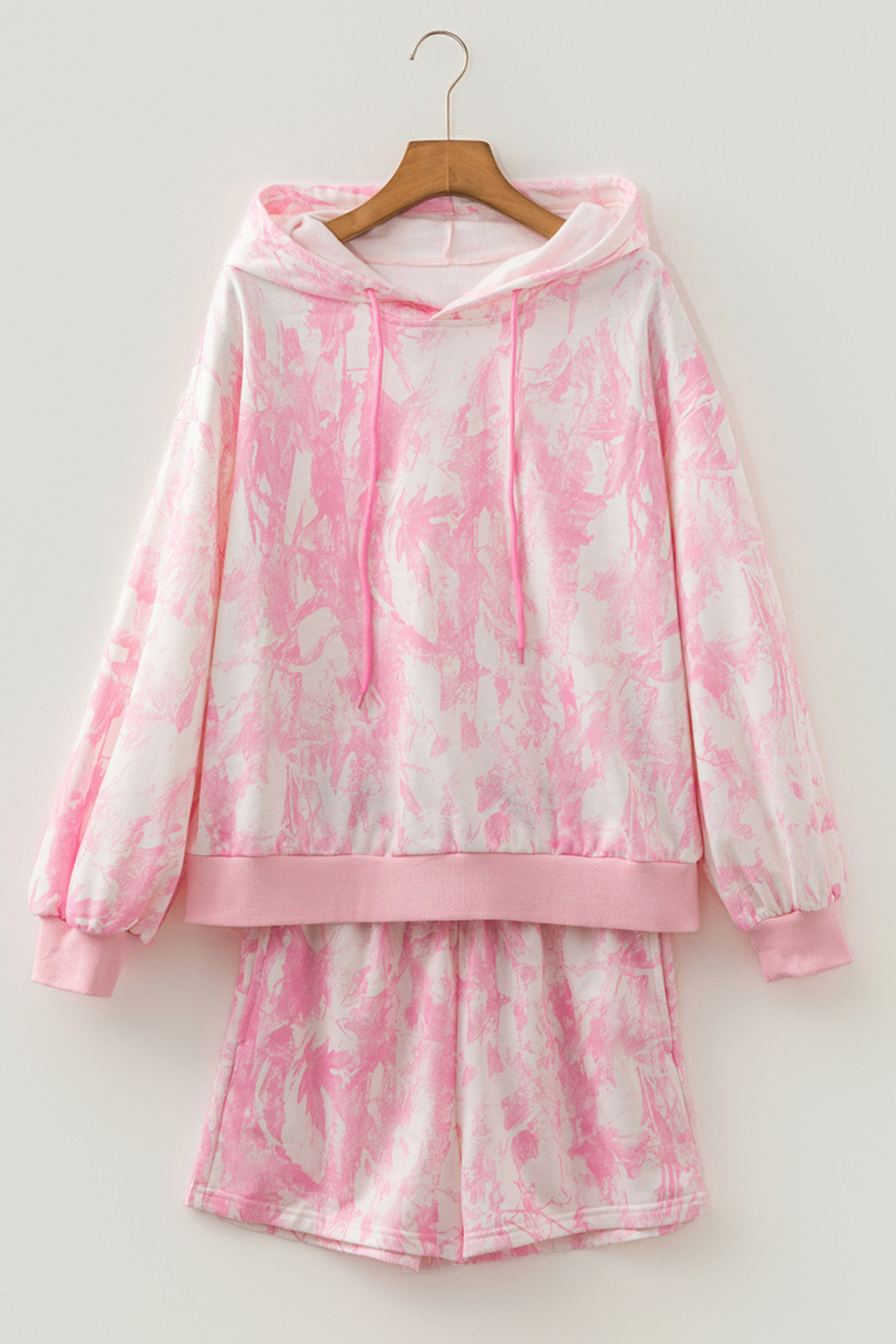 Women Spring Tie Dye Balloon Sleeve Hoodie Shorts Set