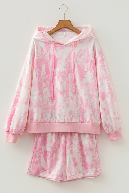 Women Spring Tie Dye Balloon Sleeve Hoodie Shorts Set