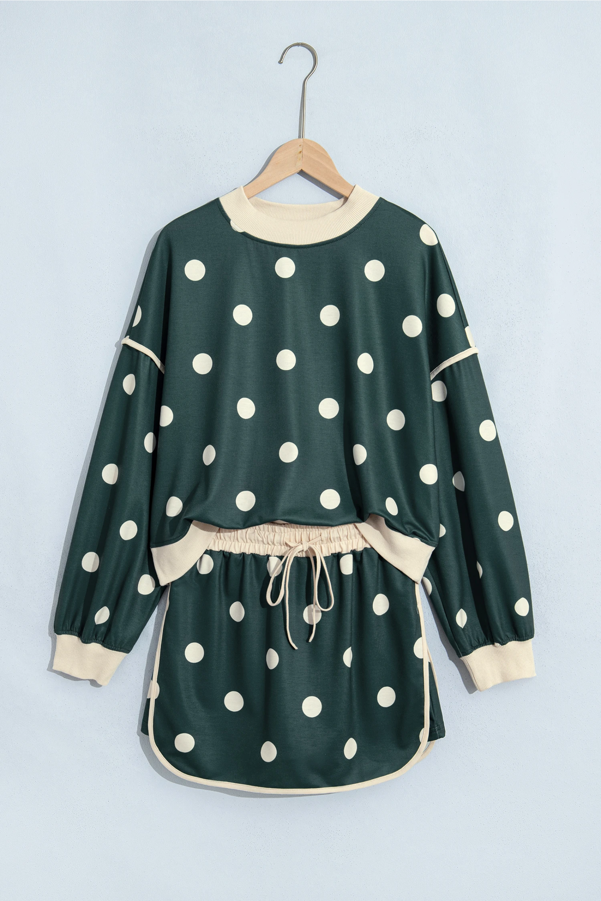 Women Spring Polka Dot Mock Neck Curved Hem Skirt Set