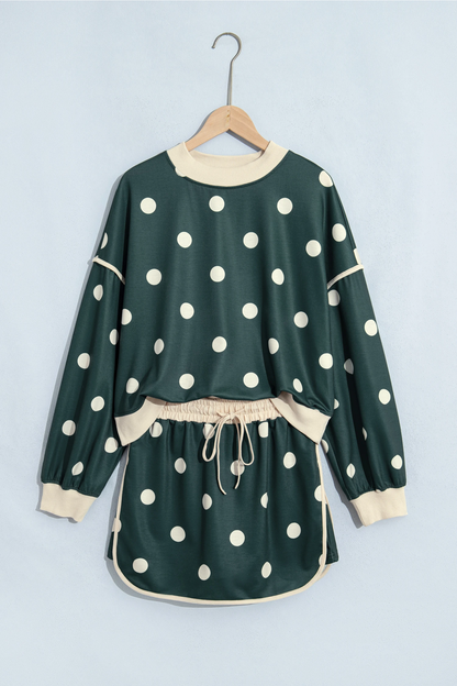 Women Spring Polka Dot Mock Neck Curved Hem Skirt Set