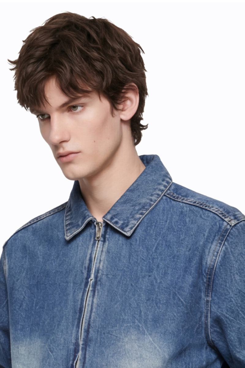 Men's SpringSummer 543g Washed Denim Loose Collar Zip Jacket