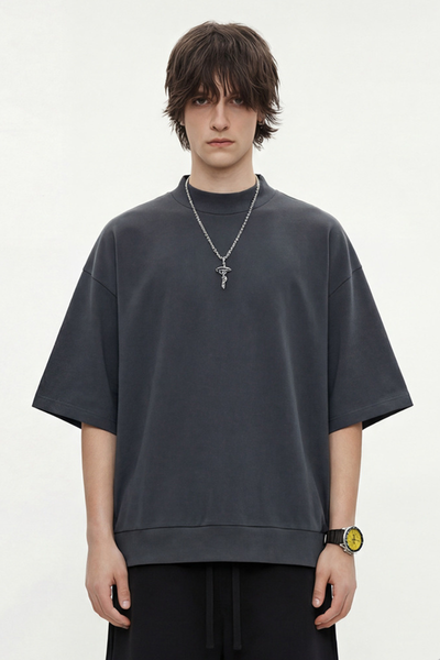 Men's Summer Mock Neck 305g Cotton Boxy Dolman Ribbed Tee