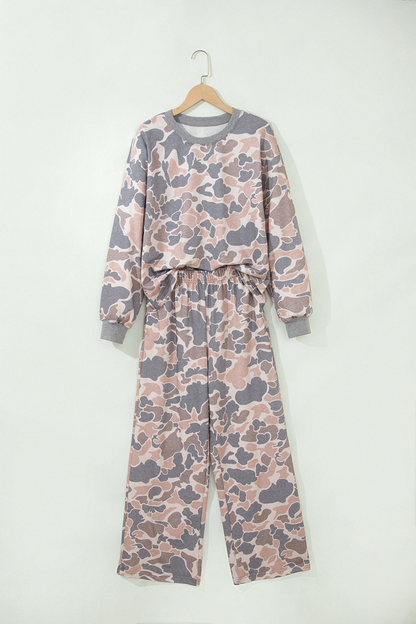Women's Fall Camo Print Loose Long Sleeve Two Piece Set