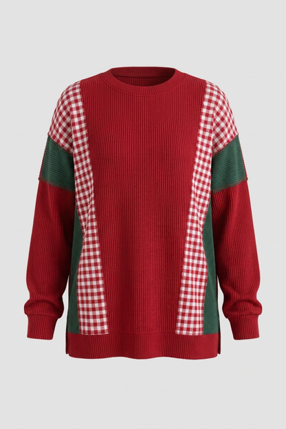 Women's Fall Christmas Red Green Plaid Colorblock Rib Sweatshirt