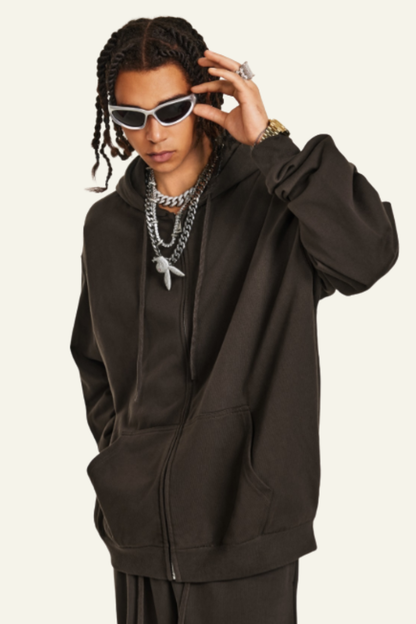 Pure color terry cloth hooded zip-up sweatshirt.
