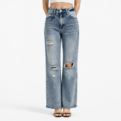 Women's High Waist Distressed Ripped Wide Leg Jeans