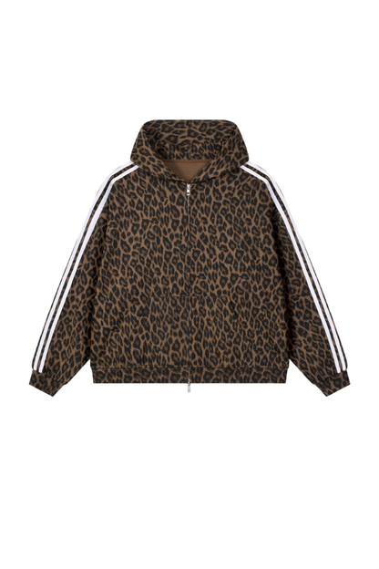 Unisex Fall Winter Vintage Leopard Zip-Up Hooded Jacket