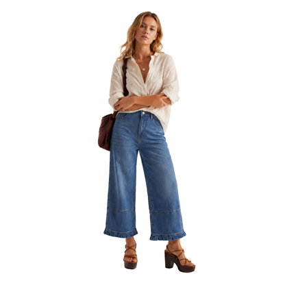 Women's High Waist Wide Leg Jeans with Ruffle Hem