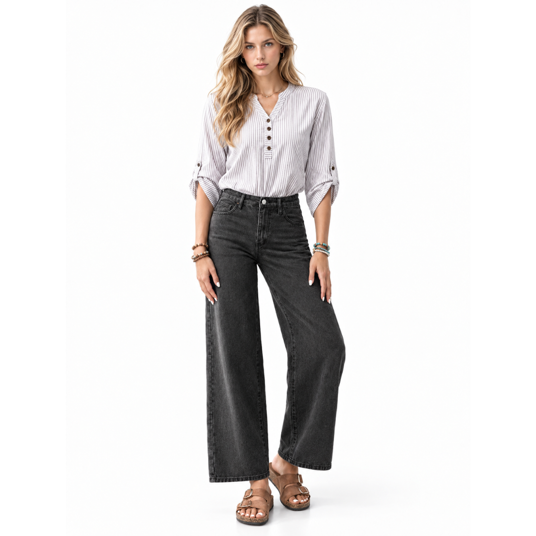 Women's Vintage Washed Black High Waist Wide Leg Jeans