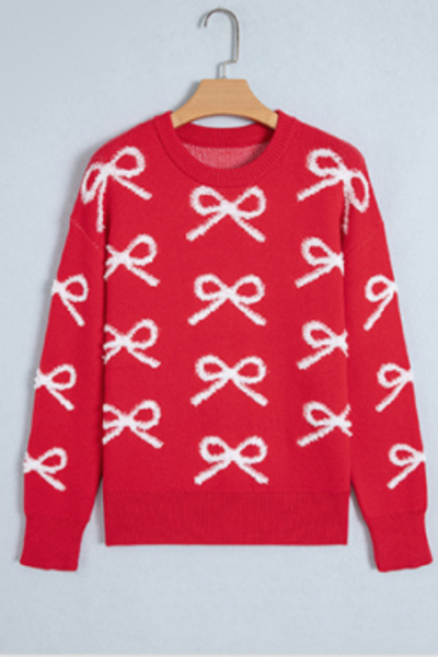 Women's Christmas Bow Pattern Loose Long Sleeve Knit Sweater