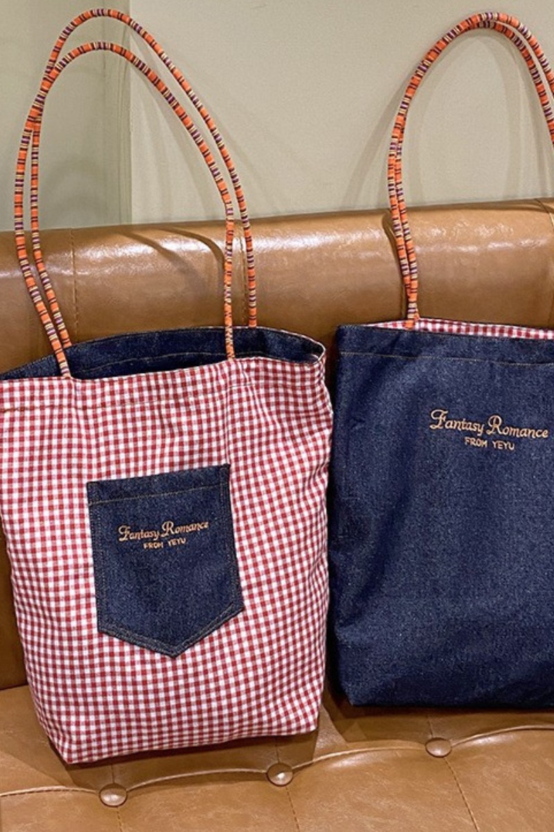 Women Fall Vintage Denim Plaid Reversible Shoulder Tote