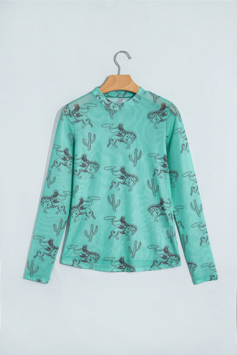 Women Spring Western Sheer Cowboy Mesh Long Sleeve Top