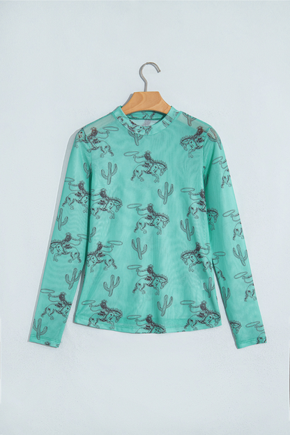 Women Spring Western Sheer Cowboy Mesh Long Sleeve Top
