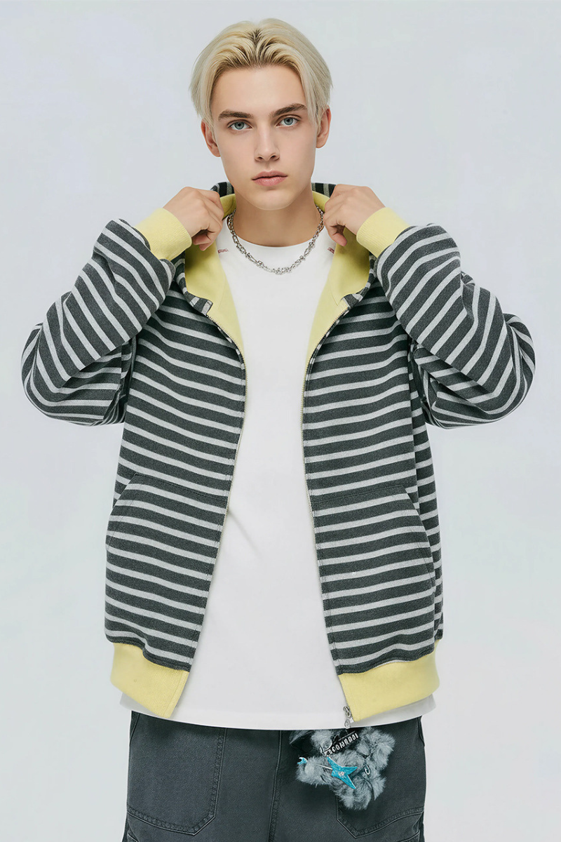 Unisex Spring American Stripe Colorblock Zip Hoodie