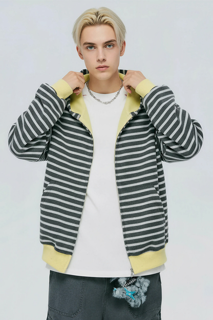 Unisex Spring American Stripe Colorblock Zip Hoodie