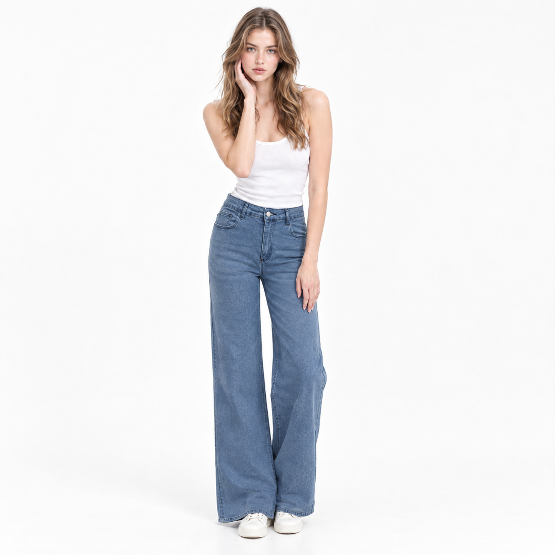 Women's High Waist Blue Stretch Wide Leg Jeans
