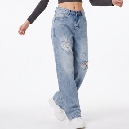 Women's High Waist Ripped Straight Leg Jeans