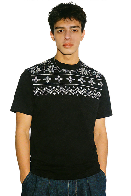 Men's Summer 320g Mock Neck Fair Isle Jacquard Vintage Tee