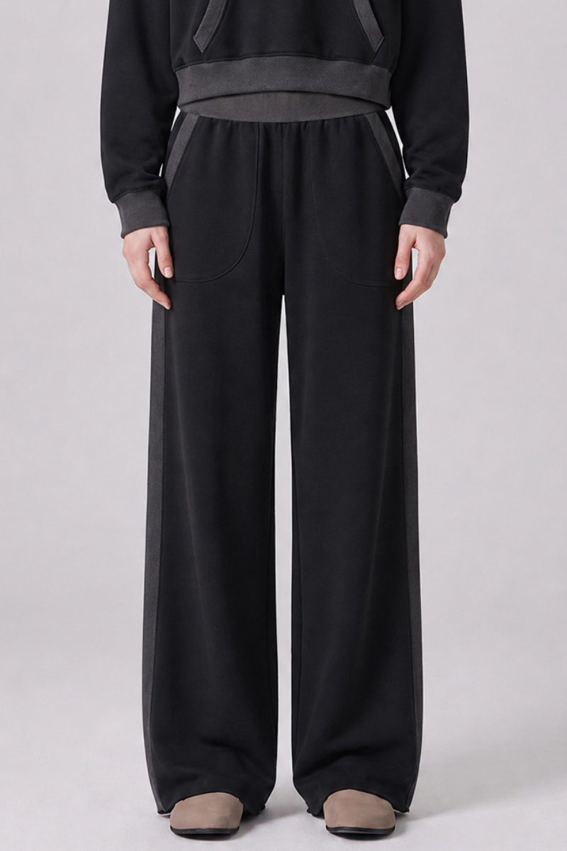 Women Fall 100% Cotton Wide Leg Raw Hem Pocket Sweatpants