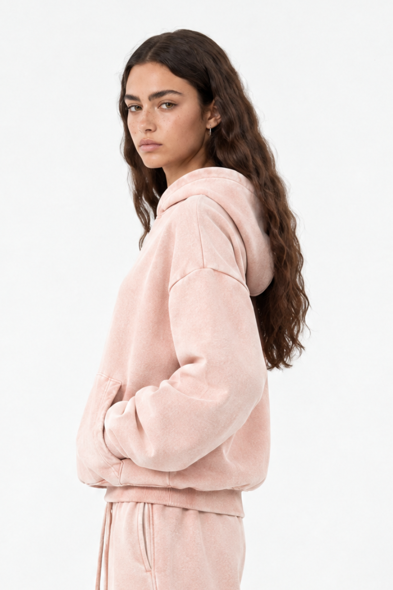 Women Fall Clothing Faded Wash Fleece Curved Sleeve Hoodie
