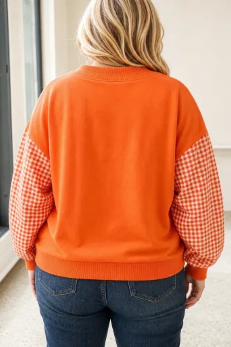 Women Spring Plus Size Gingham Sleeve Mock Neck Sweatshirt