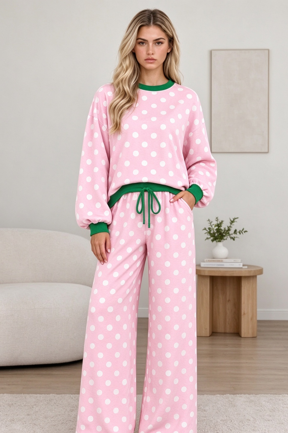 Women's Fall Polka Dot Colorblock Multi-Pocket 2 Piece Set