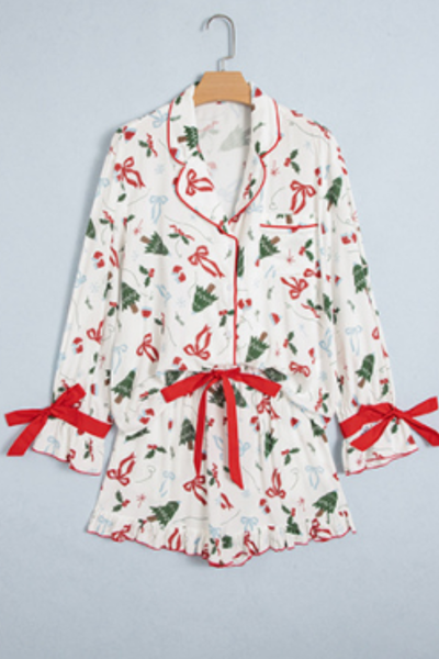 Women's Christmas Collared Bow Tie Two Piece Set