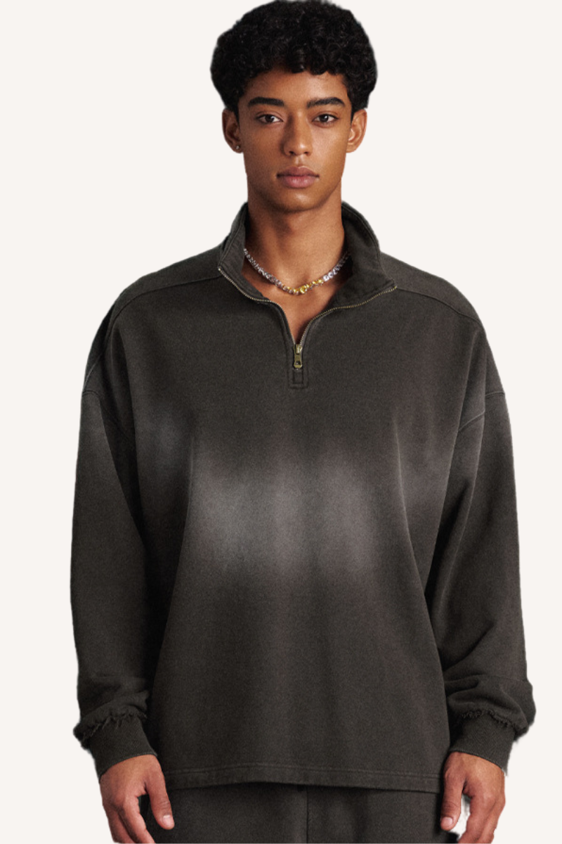 Men's 465g Mock Neck Patch Raw Washed Half Zip Sweatshirt