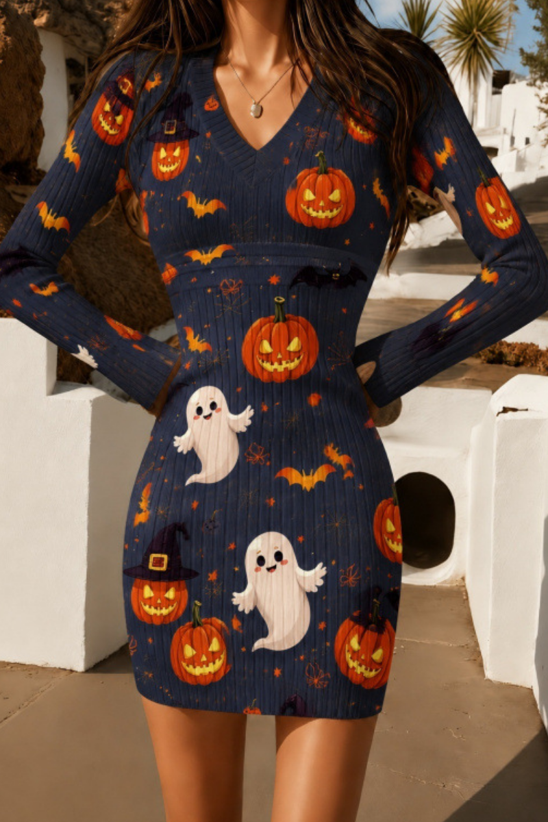 Women Fall Halloween Pumpkin Ribbed Bodycon Mini Dress