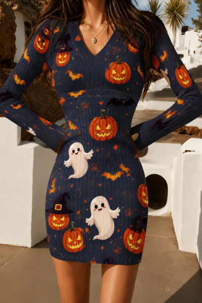 Women Fall Clothing Halloween Pumpkin Ribbed Bodycon Dress