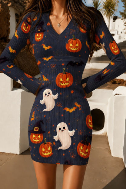 Women Fall Halloween Pumpkin Ribbed Bodycon Mini Dress