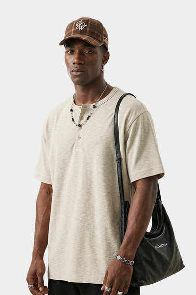 Men's Summer Button Placket Oversized Tee - Natural Fabric