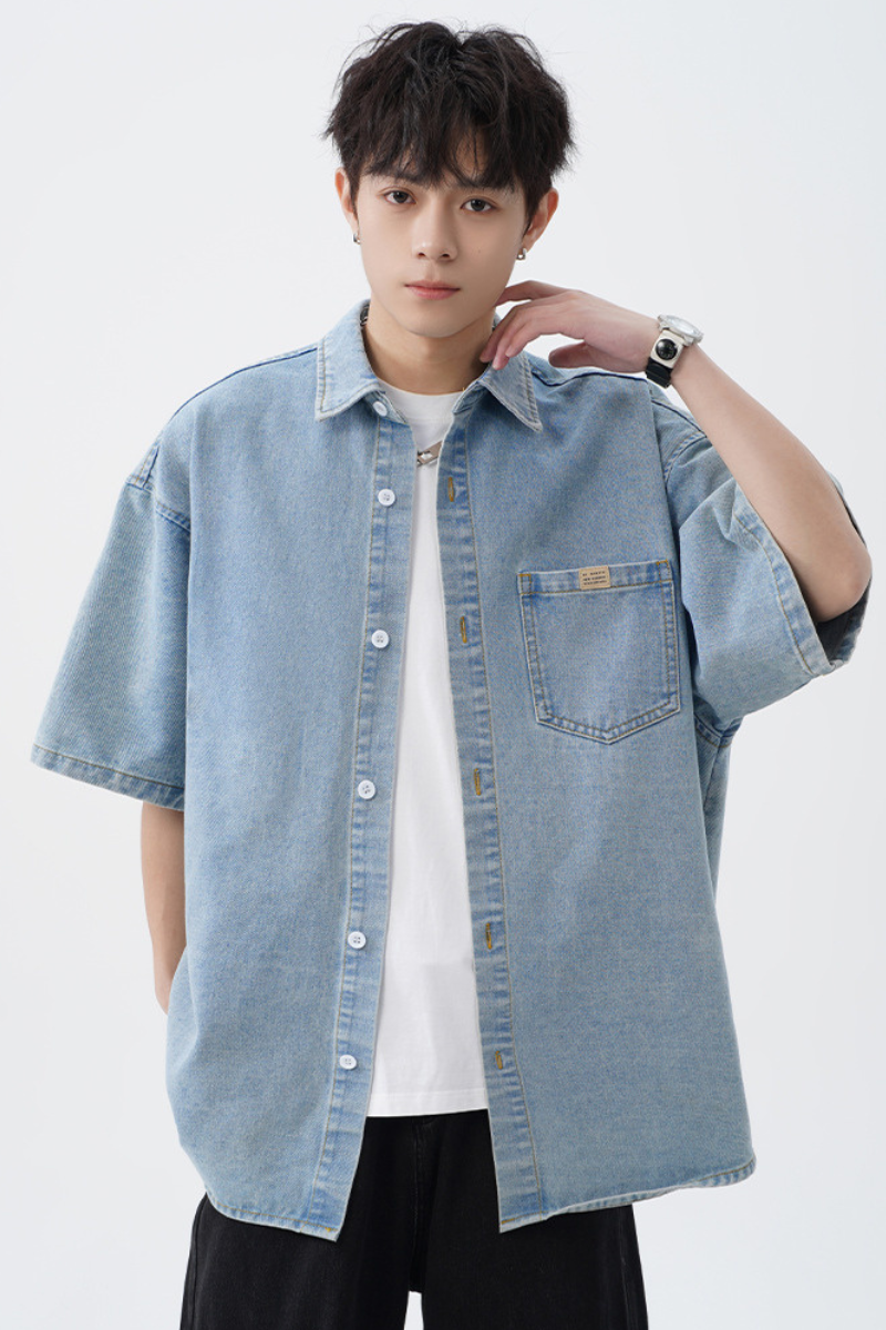 Men's Spring Summer Washed Denim Short Sleeve Japanese Loose