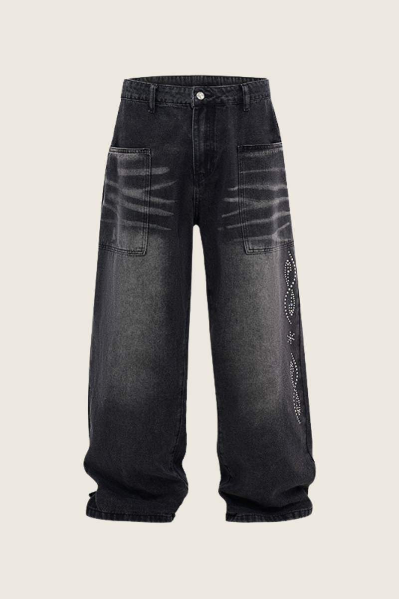 Men's Spring Summer Washed Pocket Rhinestone Wide Leg Jeans