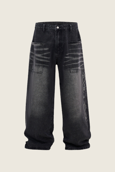 Men's Spring Summer Washed Pocket Rhinestone Wide Leg Jeans