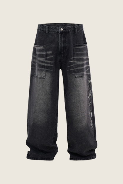Men's Spring Summer Washed Pocket Rhinestone Wide Leg Jeans