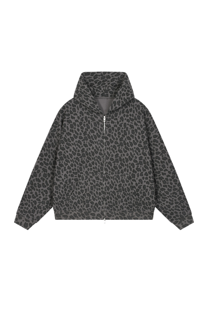 Unisex Fall Winter Leopard-Print Zip-Up Hooded Jacket
