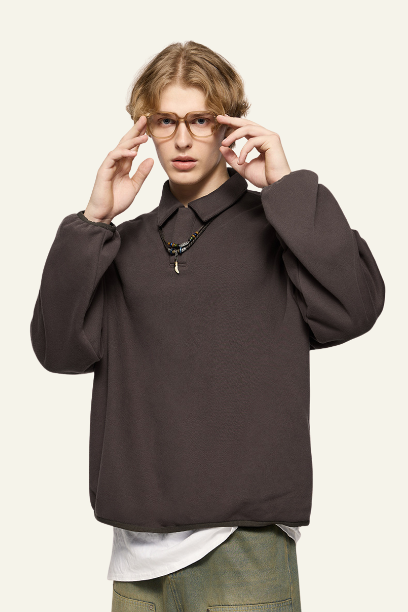 Men's Streetwear Polo Collar Drop Shoulders  Sweatshirt.