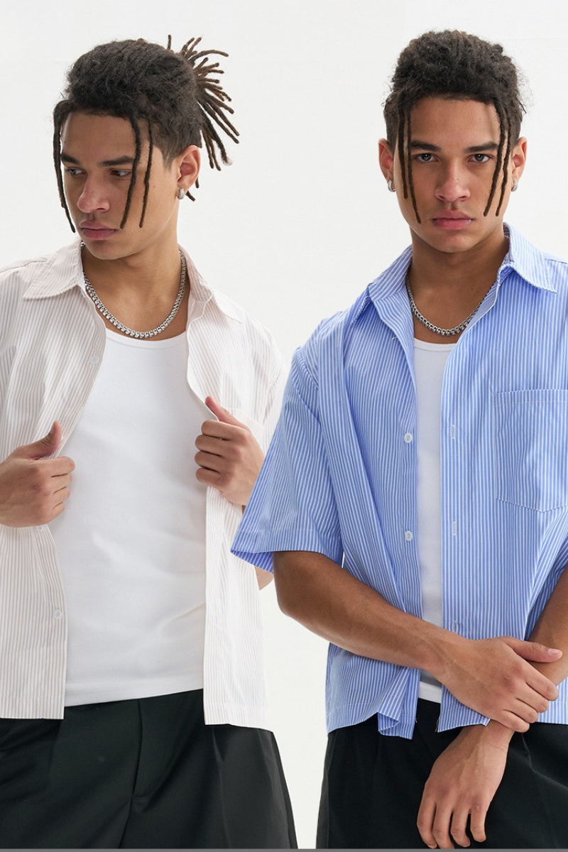 Men's Summer Woven Striped Loose Cropped Short Sleeve Shirt