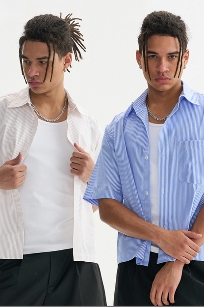 Men's Summer Woven Striped Loose Cropped Short Sleeve Shirt