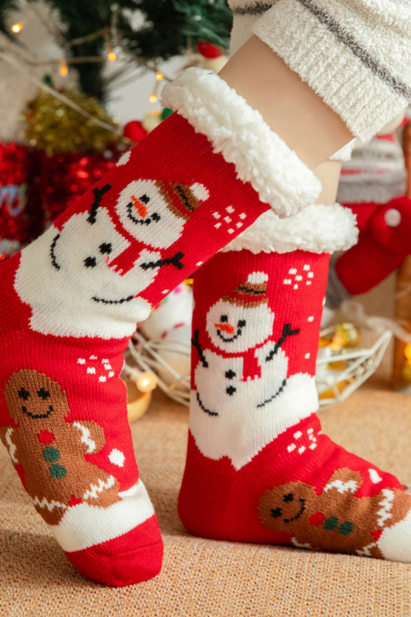 Women Winter Christmas Fleece Cuff Non Slip Slipper Socks