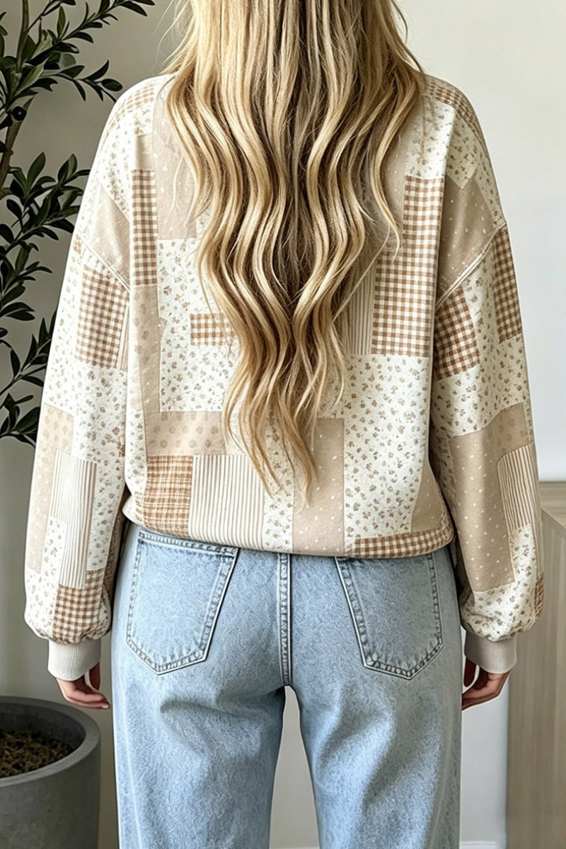 Women Spring Patchwork Print Cropped Mock Neck Sweatshirt