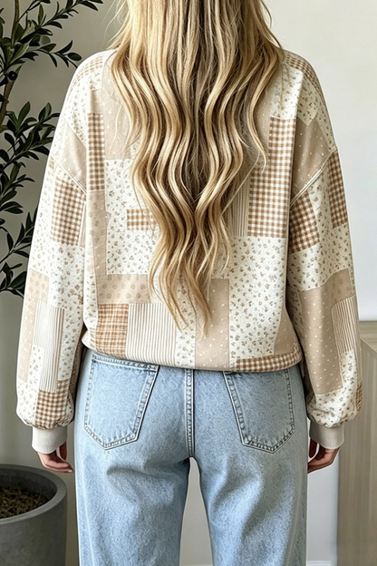 Women Spring Patchwork Print Cropped Mock Neck Sweatshirt