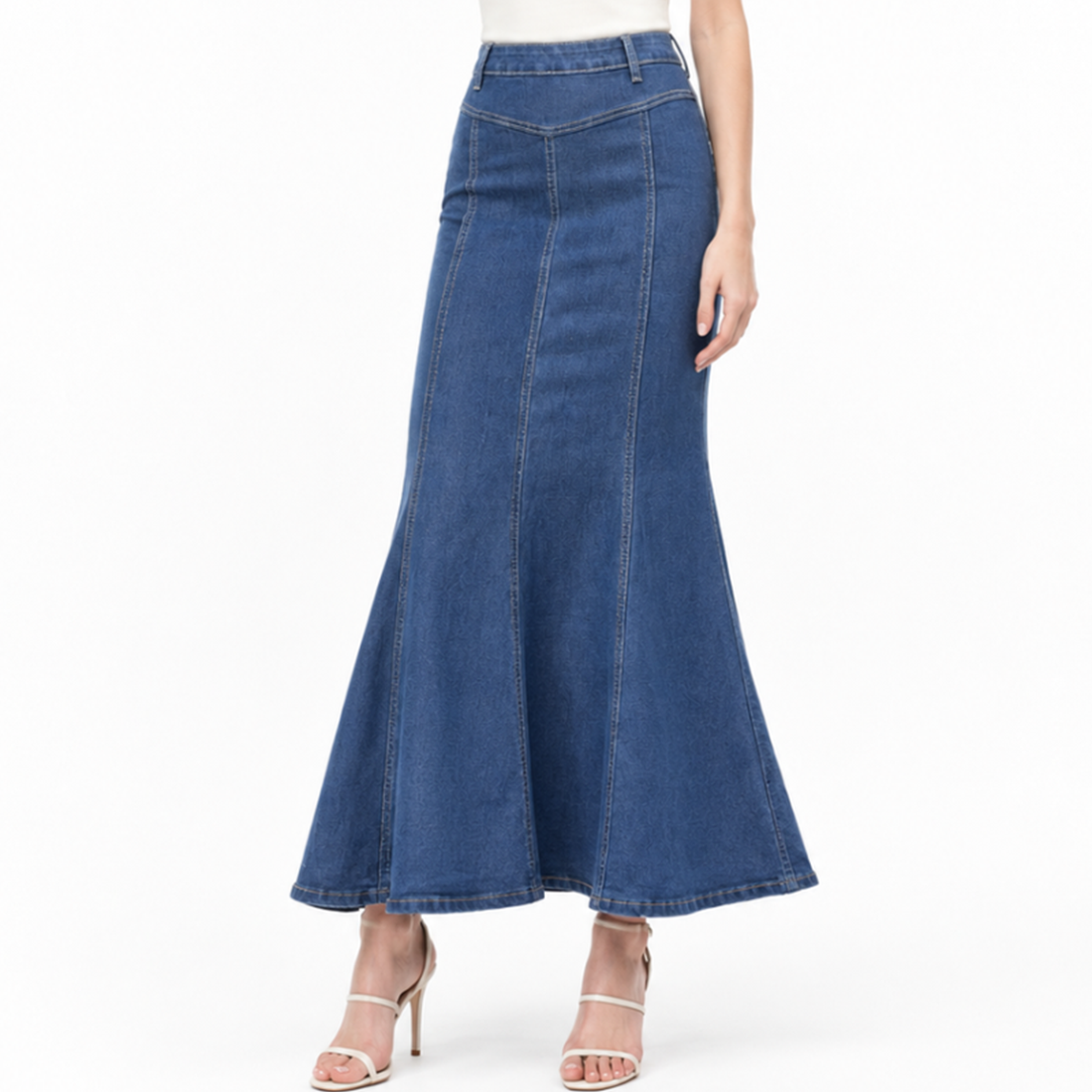 Women's High Waist Vintage Wash Fishtail Long Denim Skirt