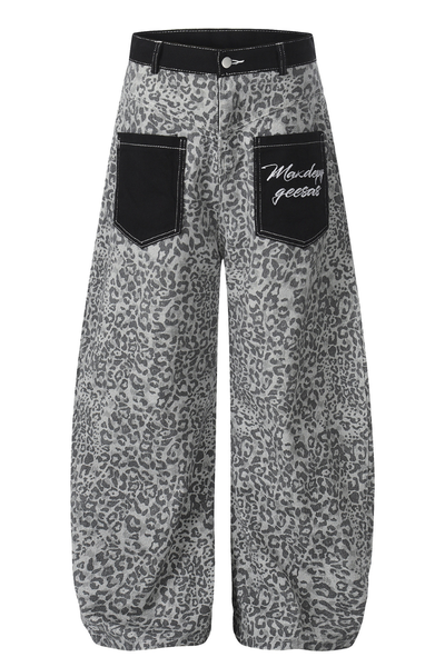 Unisex Spring Retro Colorblock Leopard Wide Curved Jeans