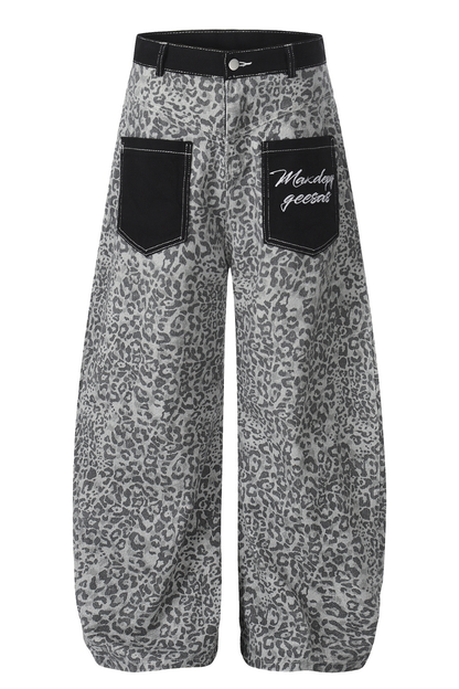 Unisex Spring Retro Colorblock Leopard Wide Curved Jeans