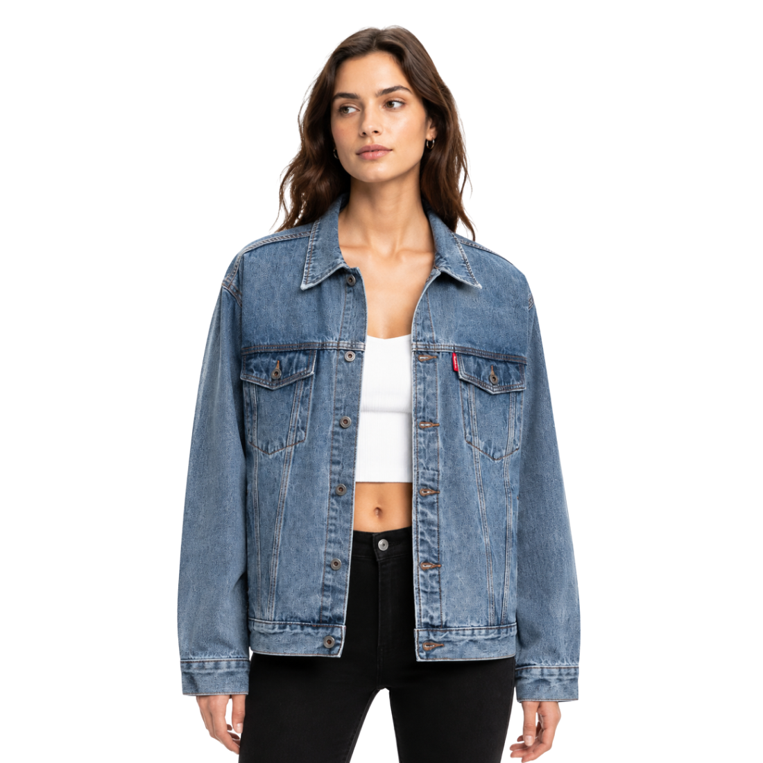 Women's Classic Blue Denim Jacket with Red Tag