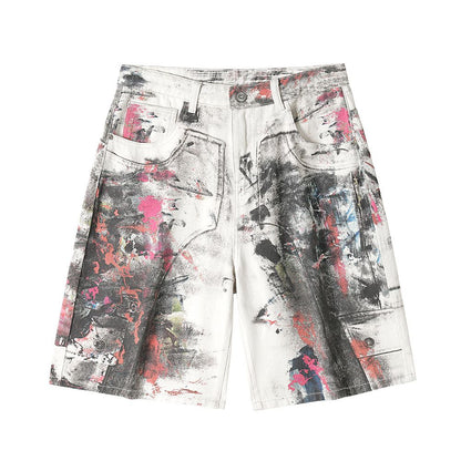 Men's Summer Abstract Splash Ink Art Print Denim Shorts